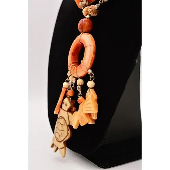 Vintage Carved Laminated Wood Statement Necklace Whimsical Made in India Bin3A